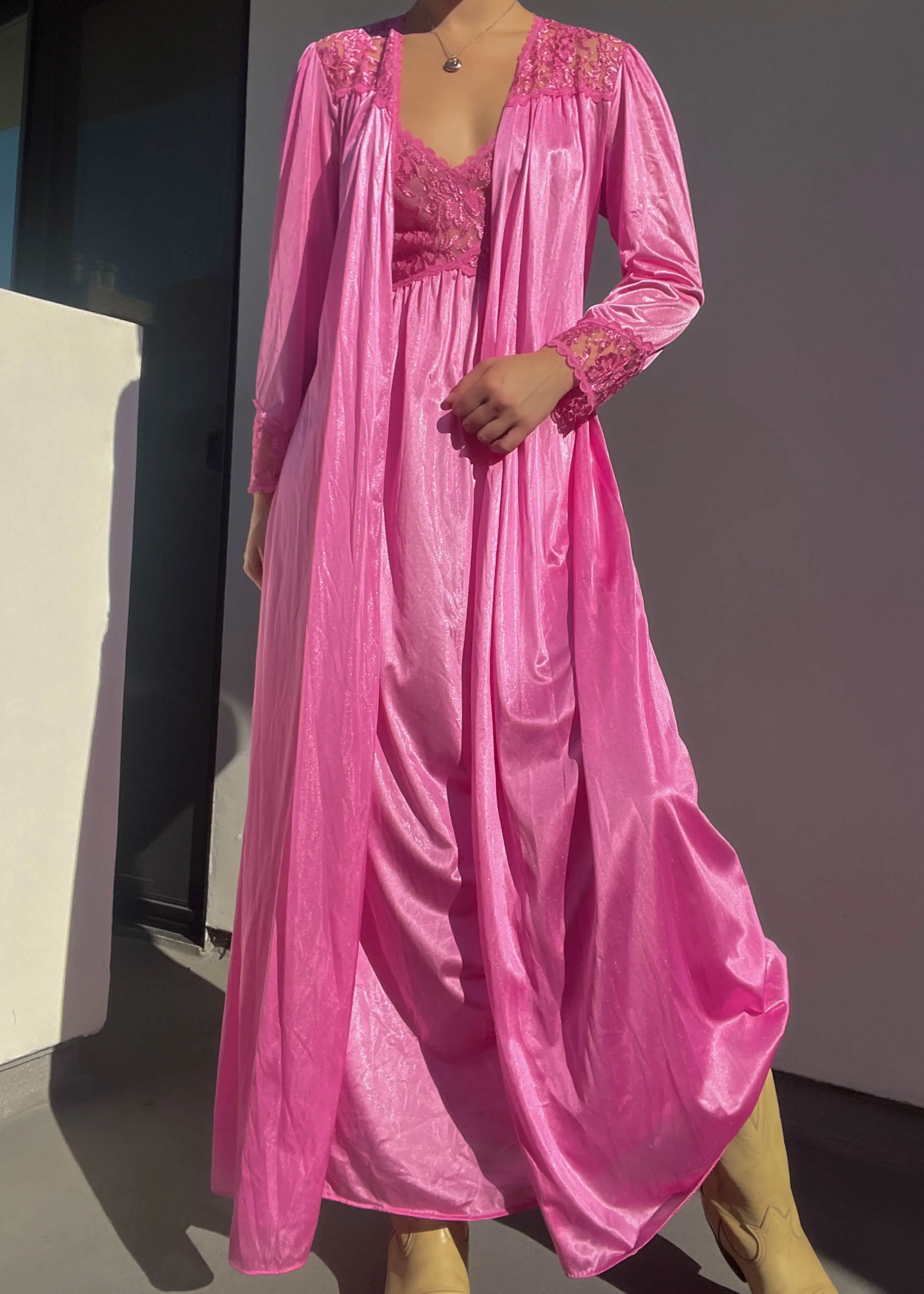 Hot Pink 80's Maxi Slip & Robe (S)