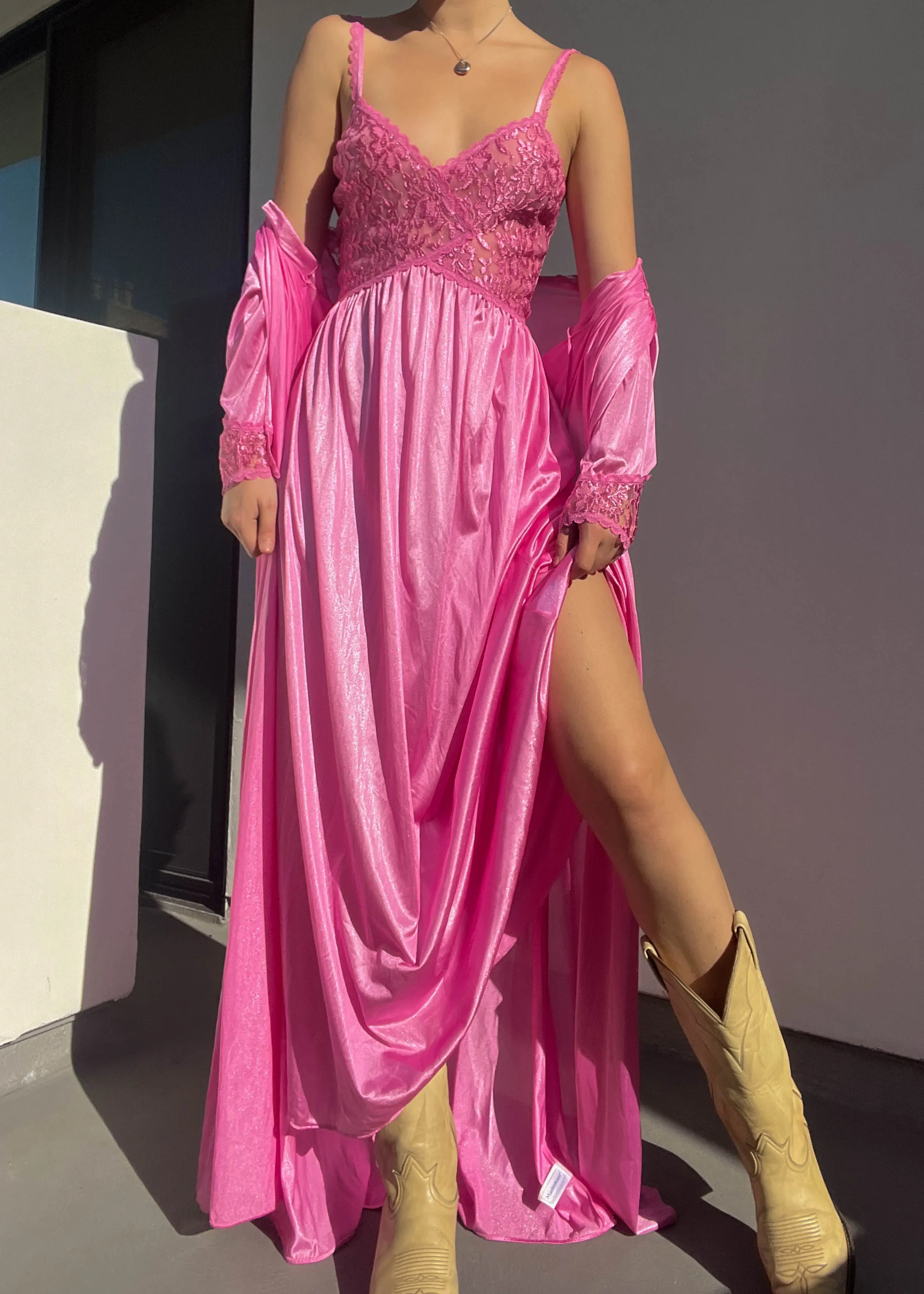 Hot Pink 80's Maxi Slip & Robe (S)