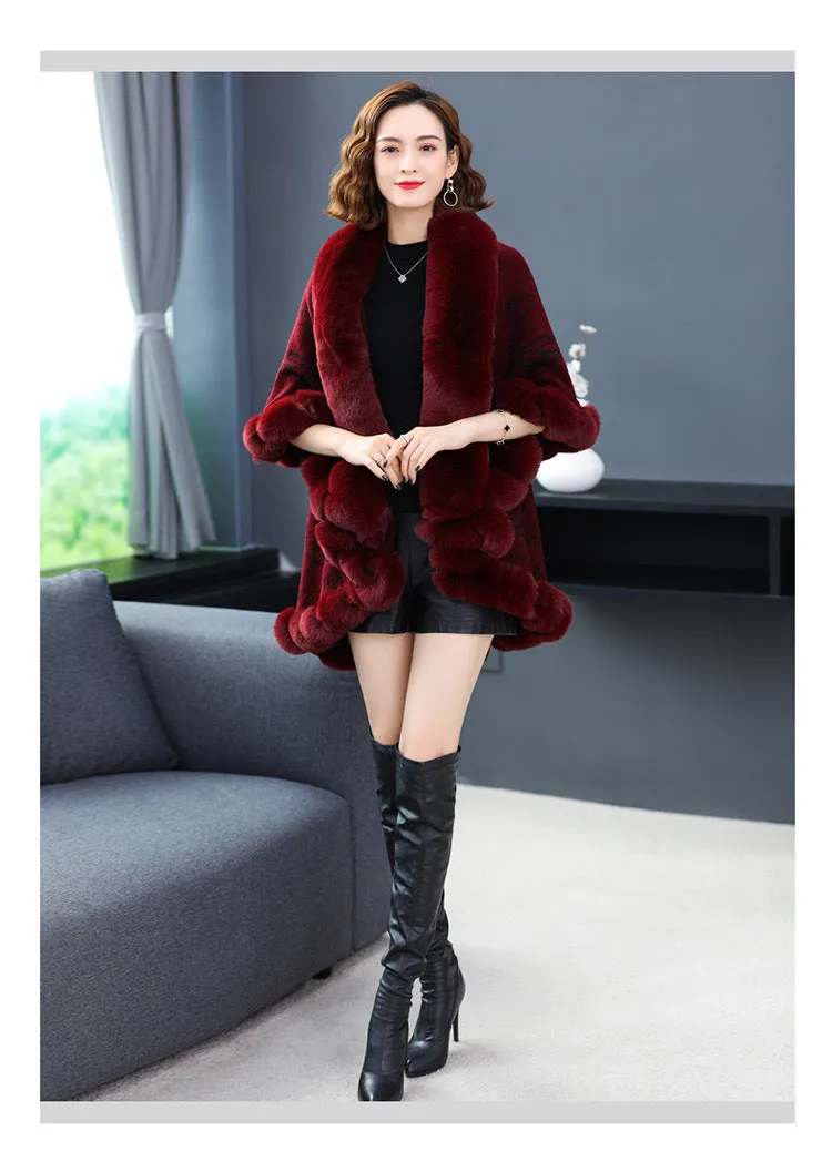 Imitation Rex Rabbit Fur Collar Shawl Cape Women's Plus Size