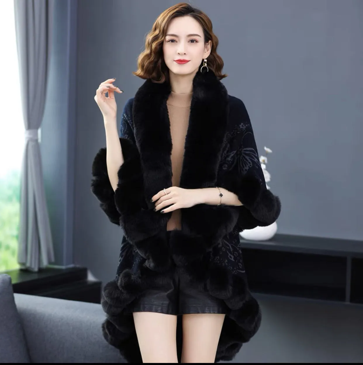 Imitation Rex Rabbit Fur Collar Shawl Cape Women's Plus Size