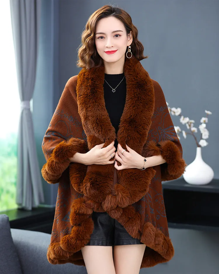 Imitation Rex Rabbit Fur Collar Shawl Cape Women's Plus Size