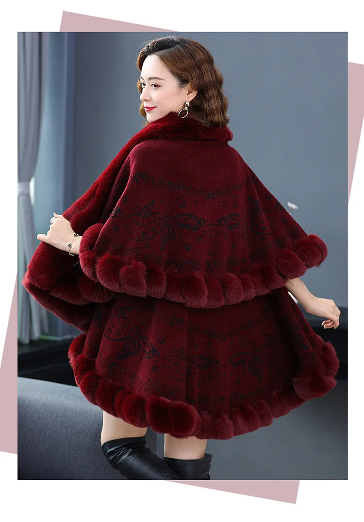 Imitation Rex Rabbit Fur Collar Shawl Cape Women's Plus Size