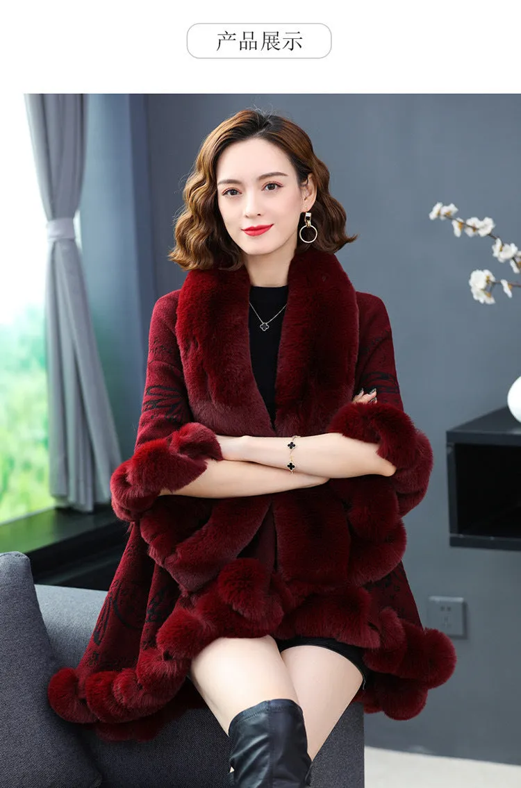 Imitation Rex Rabbit Fur Collar Shawl Cape Women's Plus Size