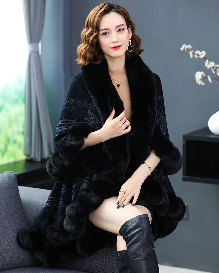 Imitation Rex Rabbit Fur Collar Shawl Cape Women's Plus Size