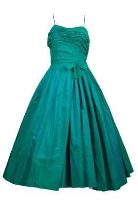 Iridescent Green 1950s Vintage Dress with Pleating