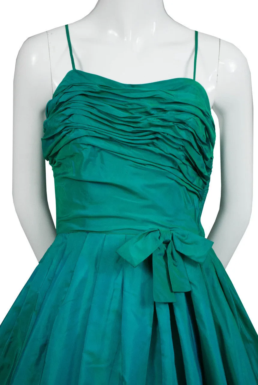 Iridescent Green 1950s Vintage Dress with Pleating