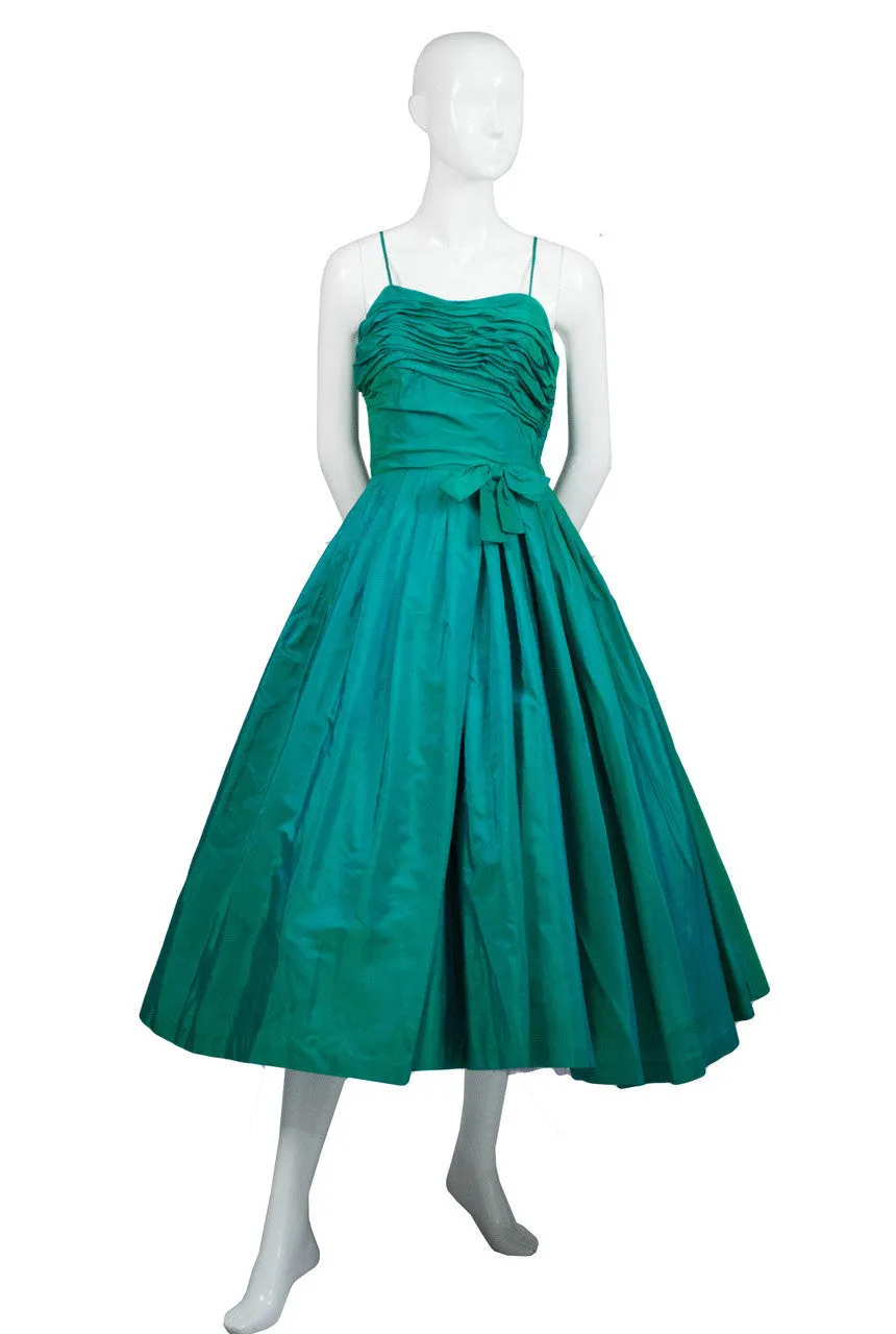 Iridescent Green 1950s Vintage Dress with Pleating