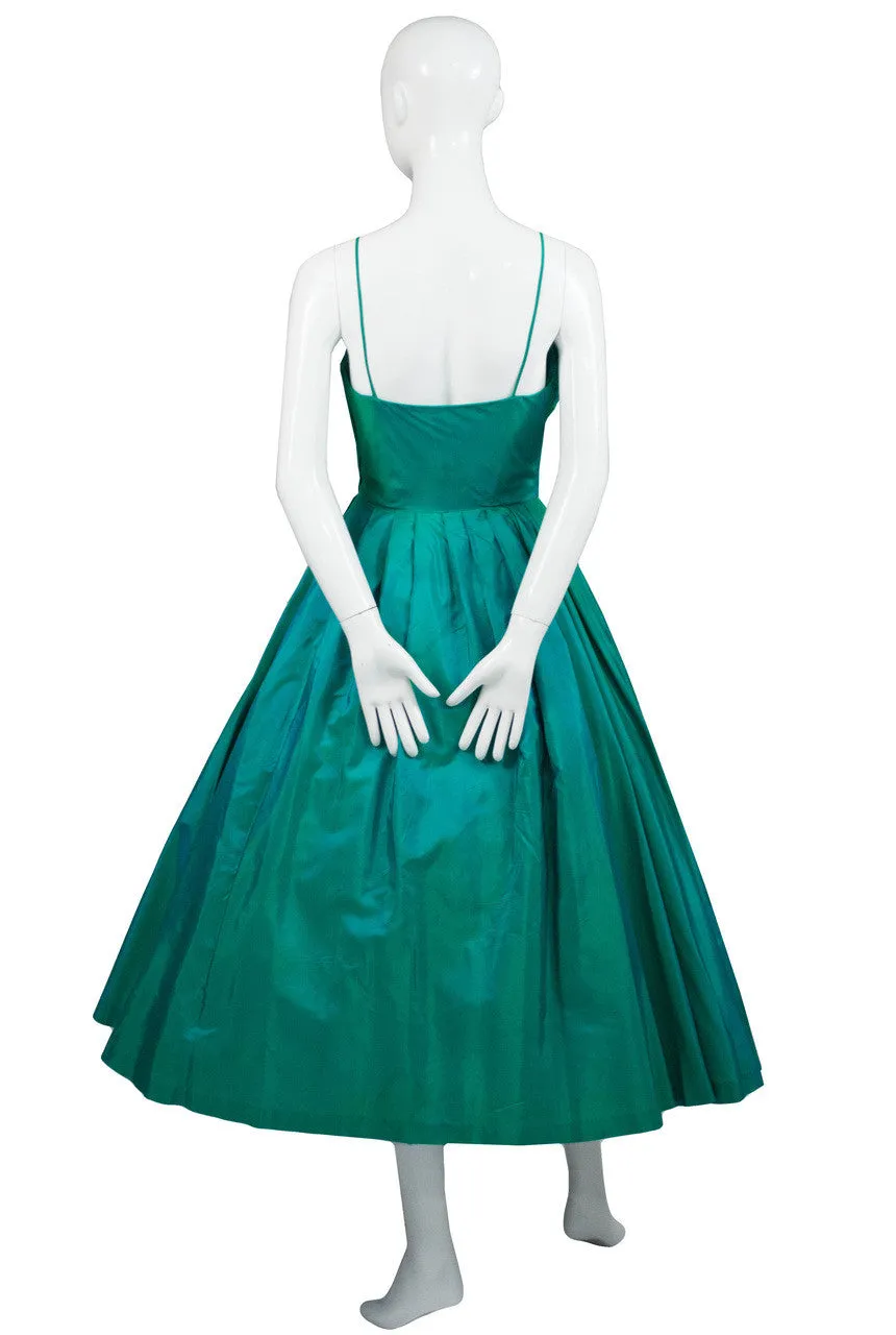 Iridescent Green 1950s Vintage Dress with Pleating