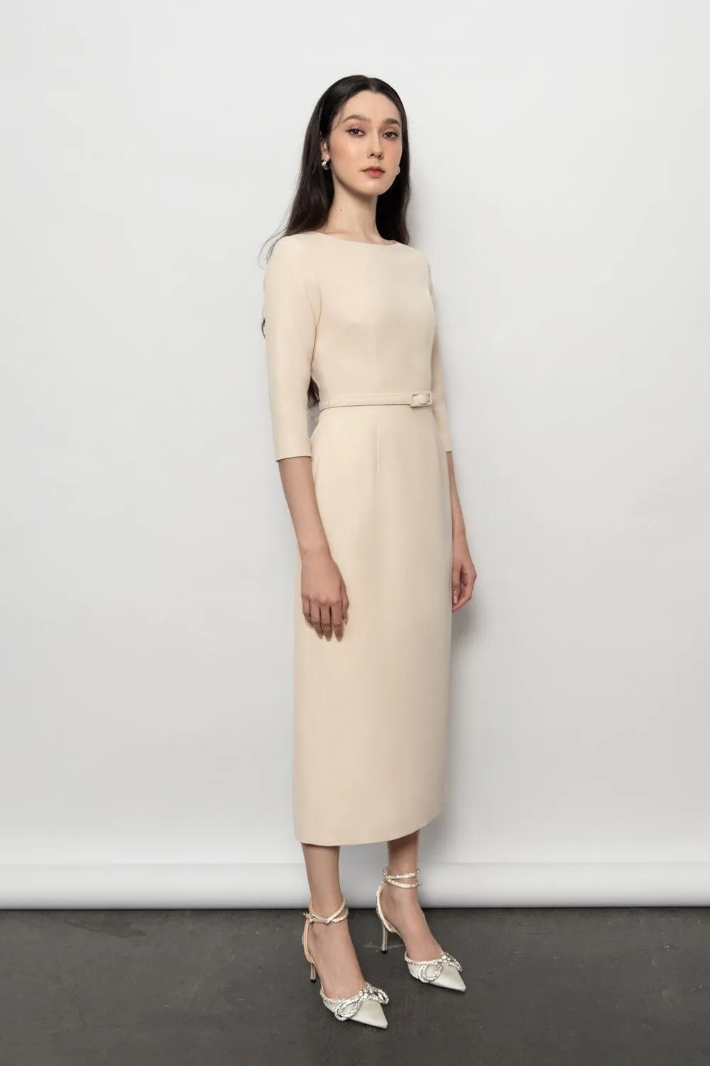 Isabella Sheath Boat Neck Polyester Midi Dress