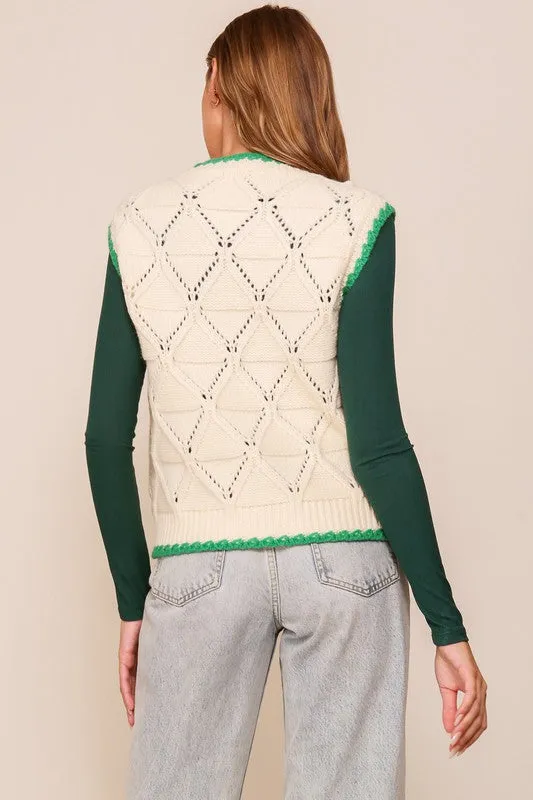 Ivory/Green Diamond Twist Sweater Vest