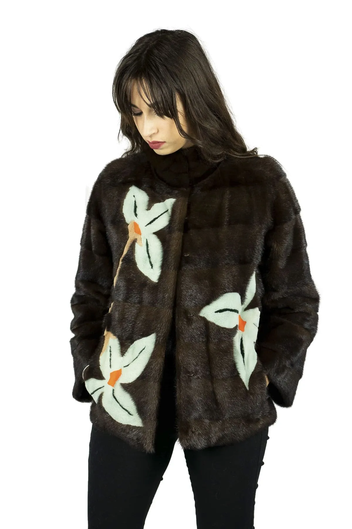 Jacket in mink with Floral Inlays