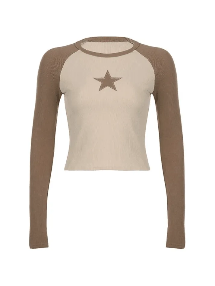 Joskaa Raglan Sleeve Star Patch Knit Crop Top