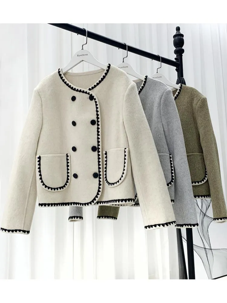 Joskaa Shell Needle Wrapped Short Woolen Jackets O Neck Loose Binding Double-Breasted Women Wool Coats Outerwear Fall Outfits 2024