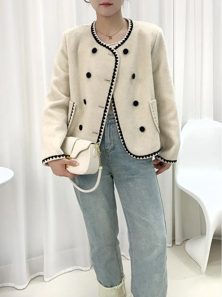 Joskaa Shell Needle Wrapped Short Woolen Jackets O Neck Loose Binding Double-Breasted Women Wool Coats Outerwear Fall Outfits 2024