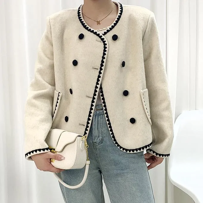 Joskaa Shell Needle Wrapped Short Woolen Jackets O Neck Loose Binding Double-Breasted Women Wool Coats Outerwear Fall Outfits 2024