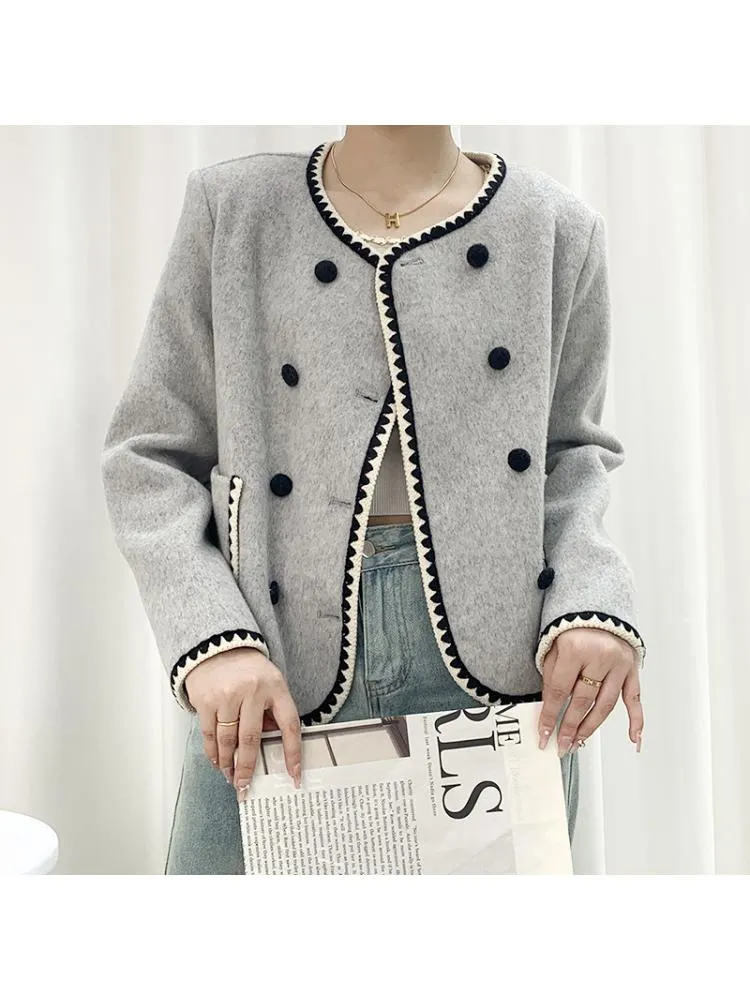 Joskaa Shell Needle Wrapped Short Woolen Jackets O Neck Loose Binding Double-Breasted Women Wool Coats Outerwear Fall Outfits 2024