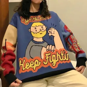 Keep Fighting Retro Comic Print Knit Sweater