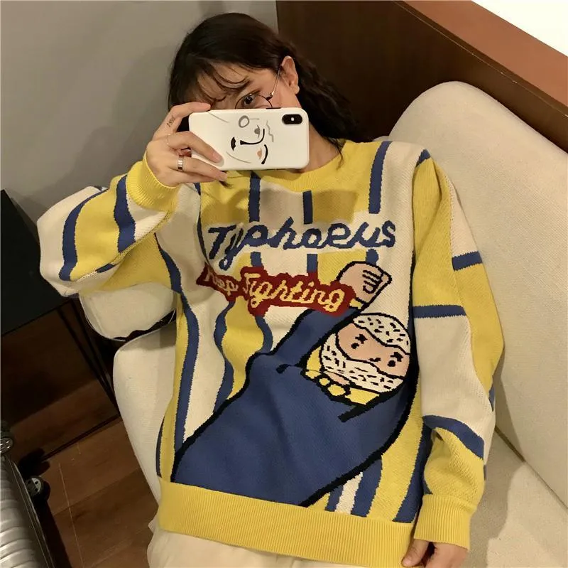 Keep Fighting Retro Comic Print Knit Sweater