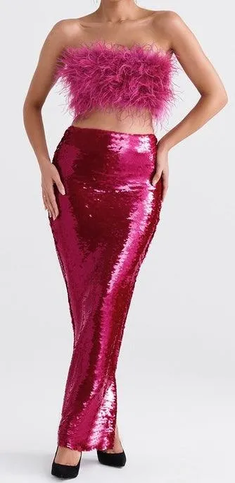 KittenAlarm - Hannah Fur Faux Strapless Top & Sequins Skirt Set