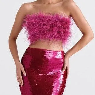 KittenAlarm - Hannah Fur Faux Strapless Top & Sequins Skirt Set