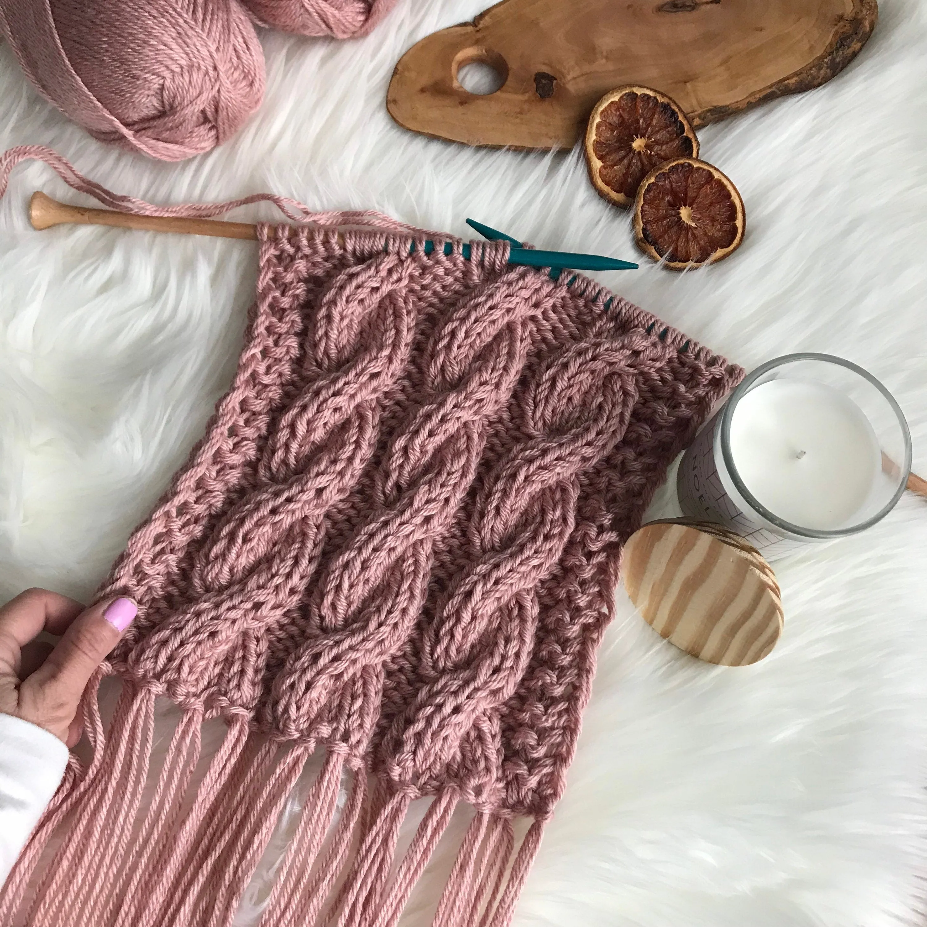 Knit scarf pattern, Cable Knit scarf pattern, Knitting Pattern Fringe Cabled Scarf, Mauve color scarf, Shawl Hand Knitted Women's Boho Style