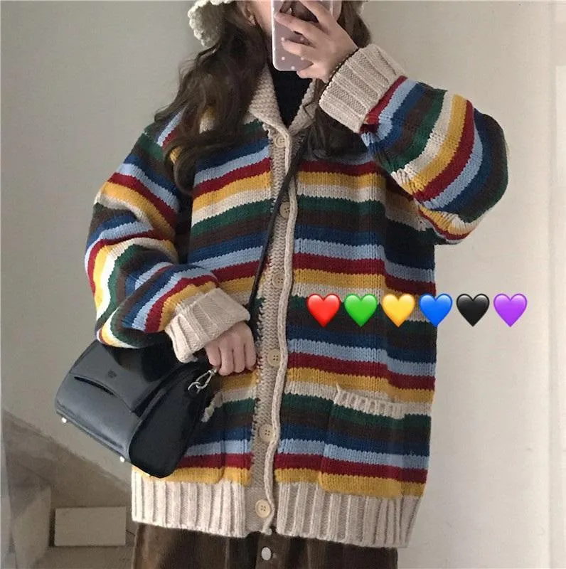 Knit Vintage Rainbow Stripes Loose Cardigan Sweater