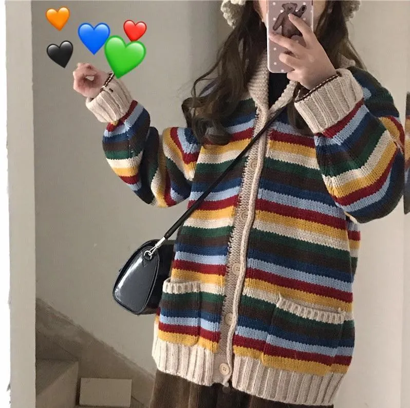 Knit Vintage Rainbow Stripes Loose Cardigan Sweater