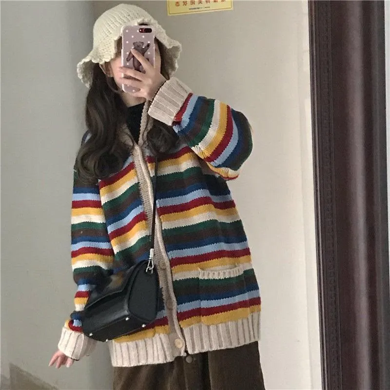 Knit Vintage Rainbow Stripes Loose Cardigan Sweater