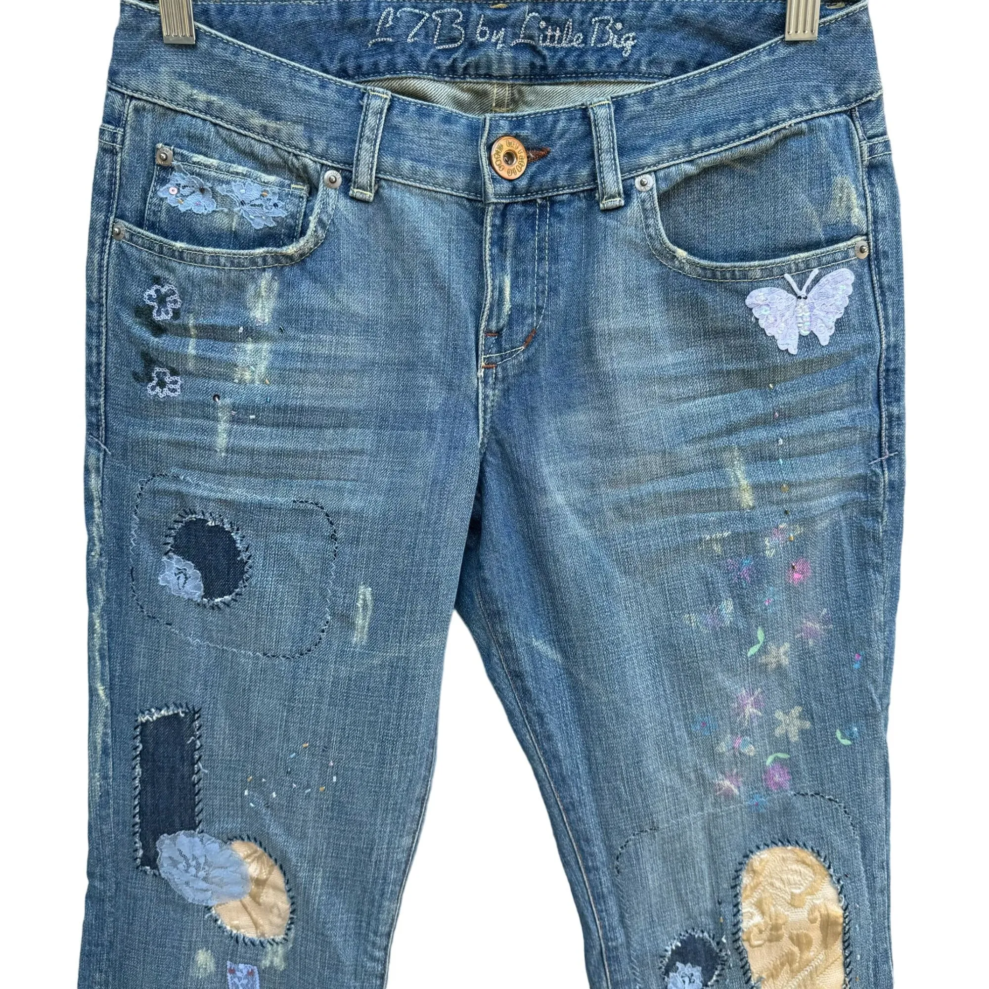 L7B By Little Big Vintage Women's Distressed Patchwork Flared Low Rise Jeans 30