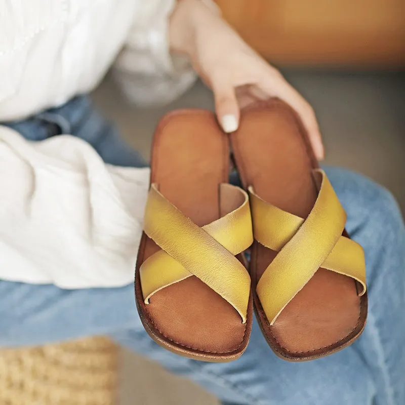 Leather Cross Strap Slide Sandals for Women Flat Slippers in Yellow/Brown/Beige