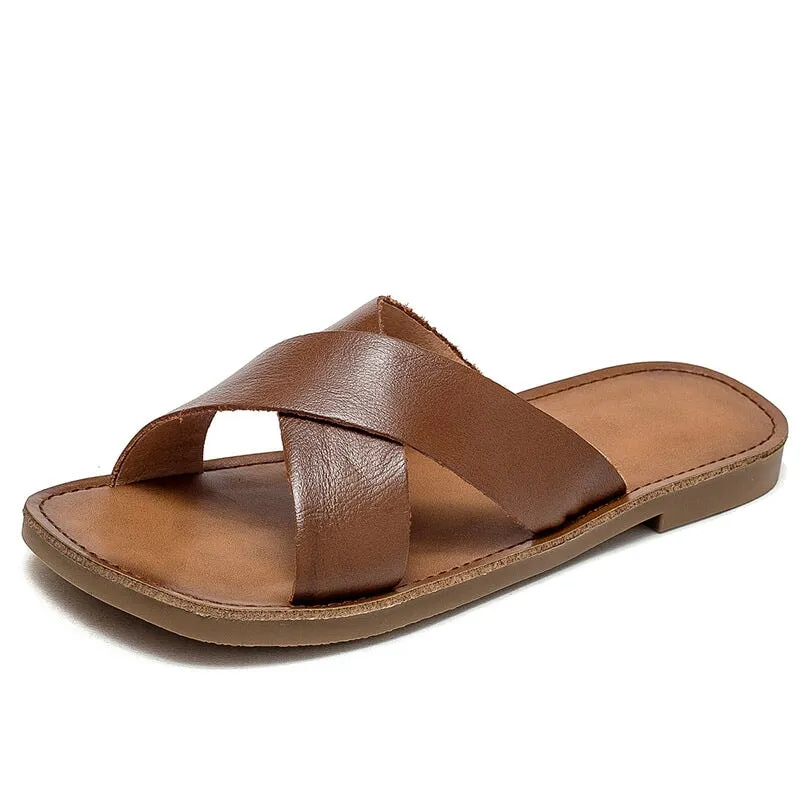 Leather Cross Strap Slide Sandals for Women Flat Slippers in Yellow/Brown/Beige