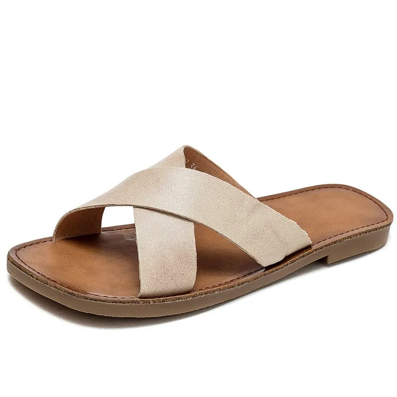 Leather Cross Strap Slide Sandals for Women Flat Slippers in Yellow/Brown/Beige