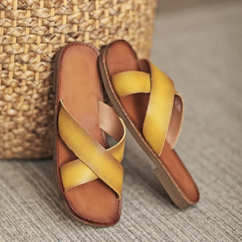 Leather Cross Strap Slide Sandals for Women Flat Slippers in Yellow/Brown/Beige