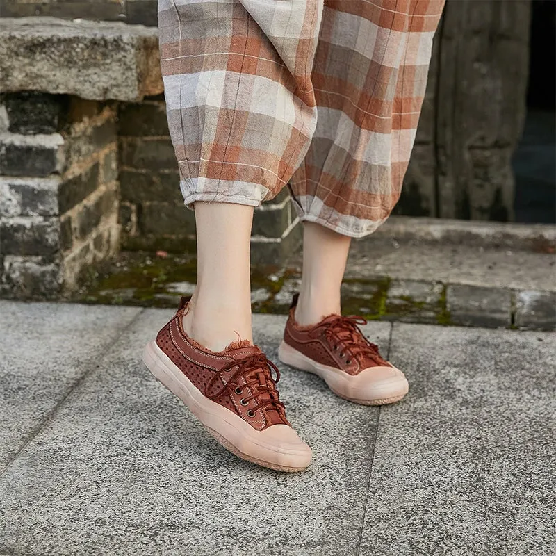 Leather Flatform Low-top Perforated Sneakers for Women Fringed Detail in Apricot/Coffee