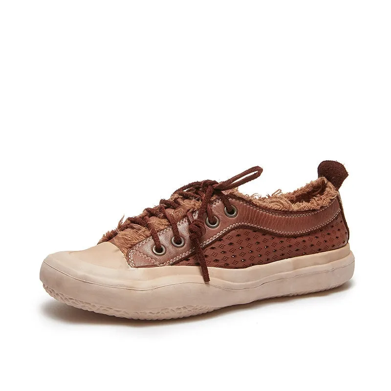 Leather Flatform Low-top Perforated Sneakers for Women Fringed Detail in Apricot/Coffee