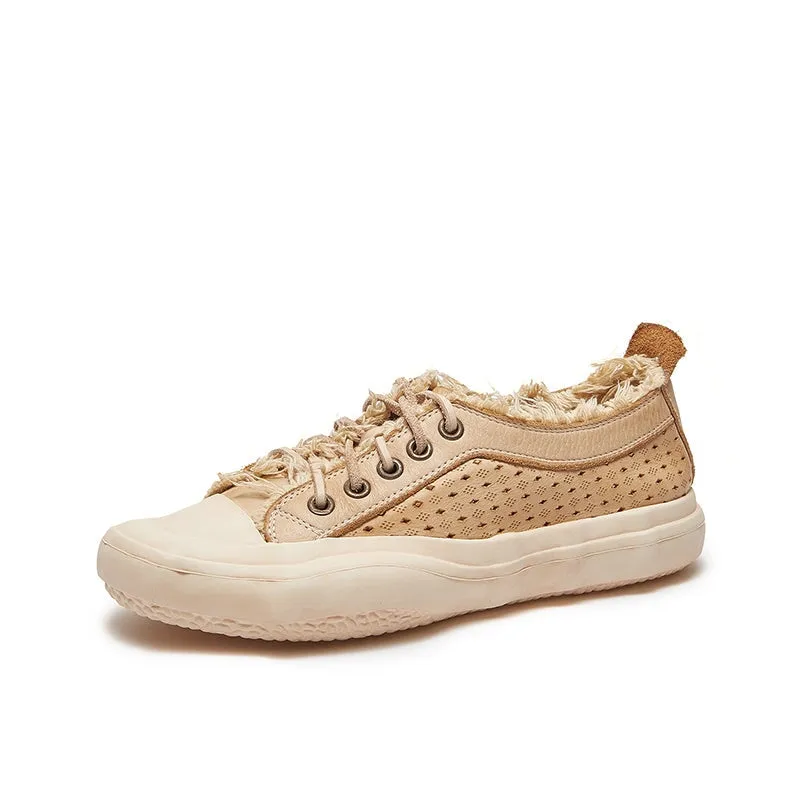 Leather Flatform Low-top Perforated Sneakers for Women Fringed Detail in Apricot/Coffee