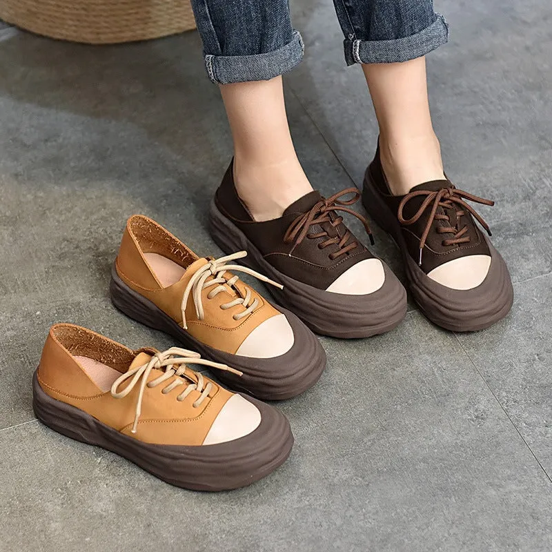 Leather Original Sole Sneakers for Women Low-top Lace up in Coffee/Yellow