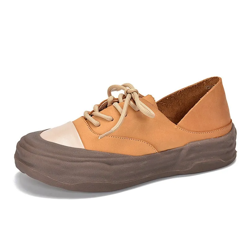 Leather Original Sole Sneakers for Women Low-top Lace up in Coffee/Yellow