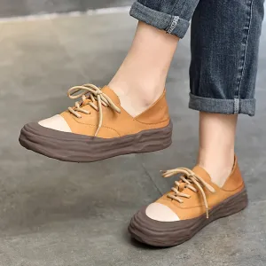 Leather Original Sole Sneakers for Women Low-top Lace up in Coffee/Yellow