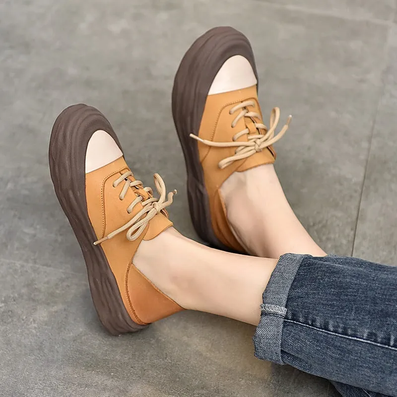 Leather Original Sole Sneakers for Women Low-top Lace up in Coffee/Yellow