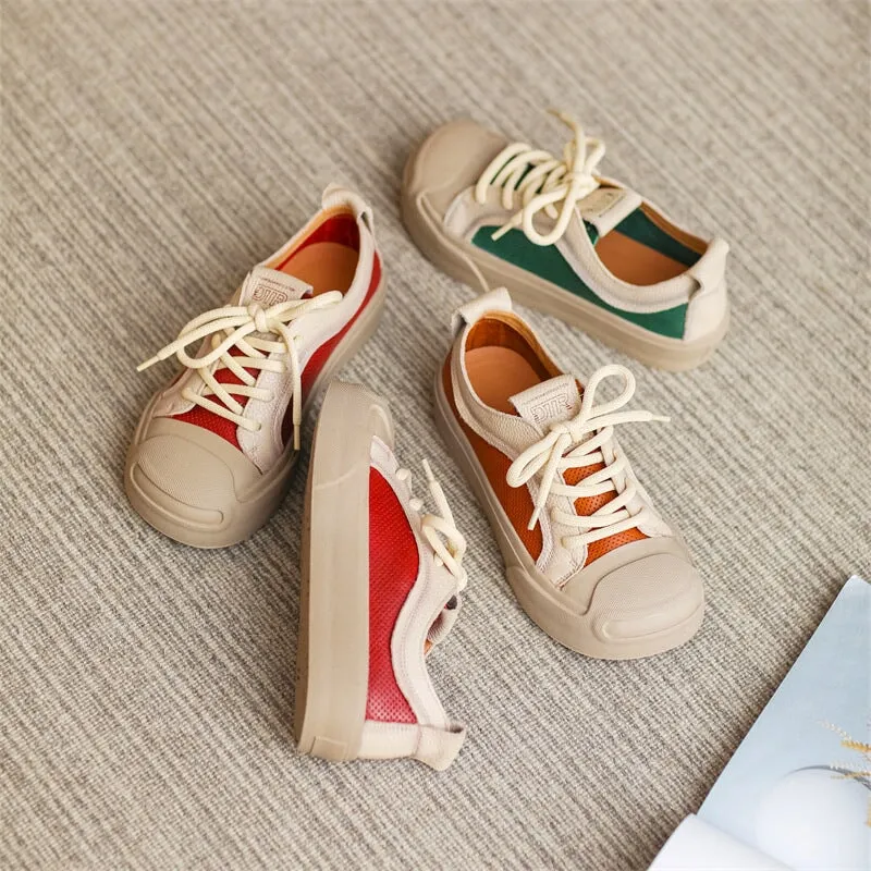 Leather Platform Sneakers for Women Low-top Travel Perforated in Red/Orange/Green