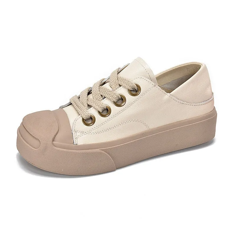 Leather Rubber Toecap Sneakers for Women Low-top Lace Up in White/Khaki/Black