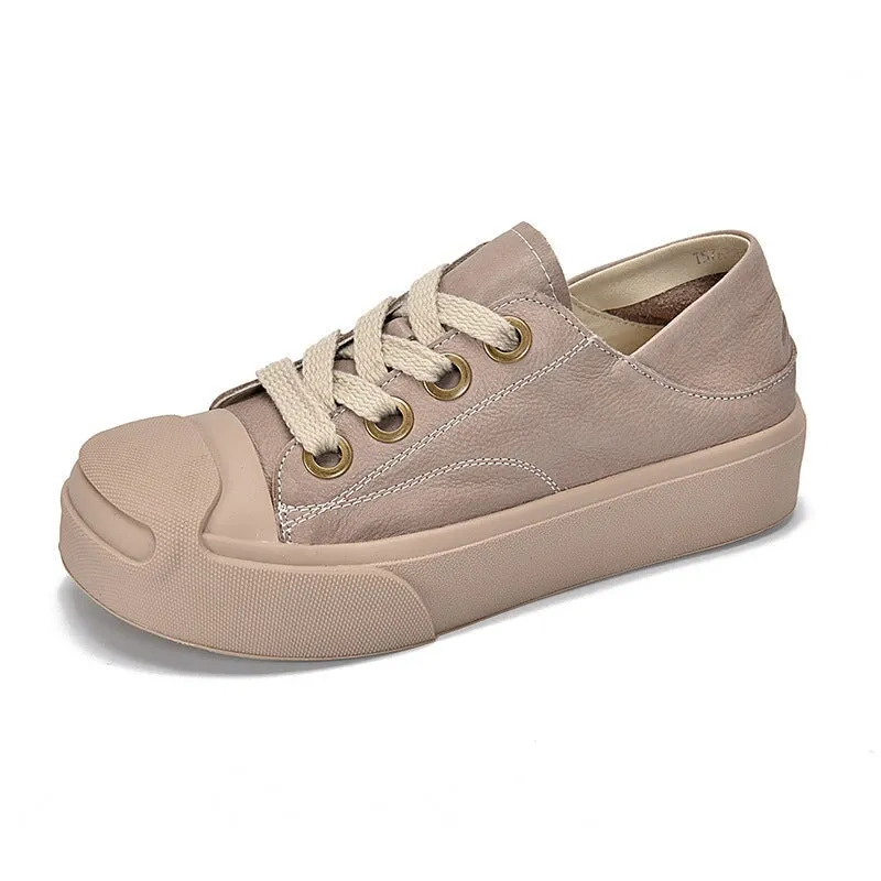 Leather Rubber Toecap Sneakers for Women Low-top Lace Up in White/Khaki/Black