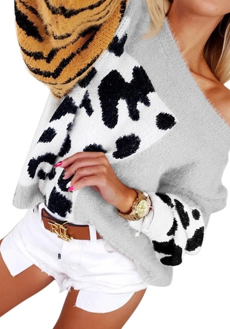 Light Grey Animal-Print Colorblock Batwing Sleeves Sweater