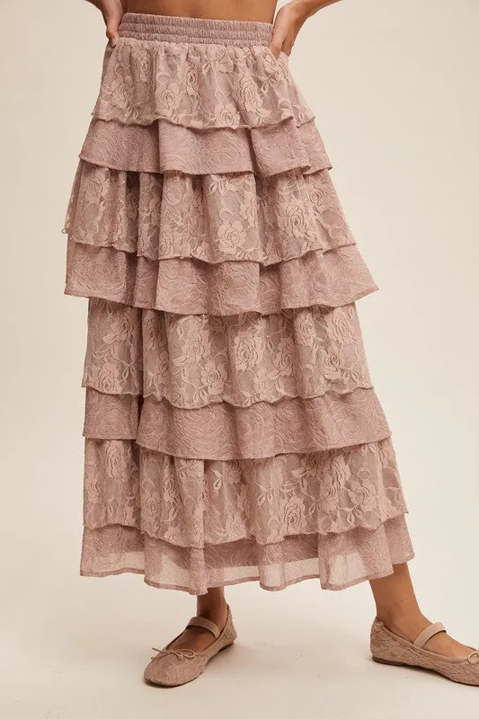 Light Mocha Lace And Rose Jacquard Ruffle Tiered Maxi Skirt