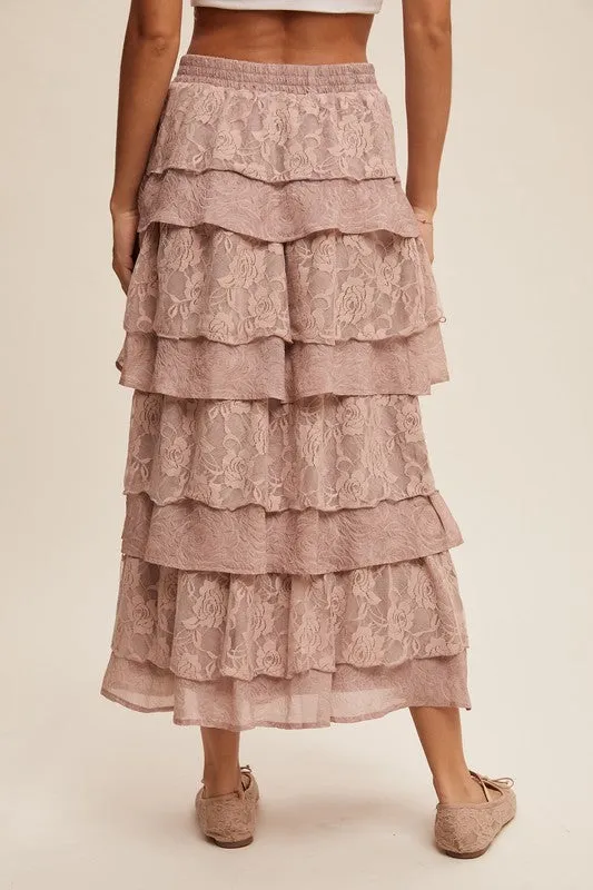 Light Mocha Lace And Rose Jacquard Ruffle Tiered Maxi Skirt