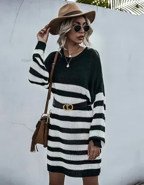 Long Sleeve Strpe PrintedRound Neck Knitted Sweater Dresses