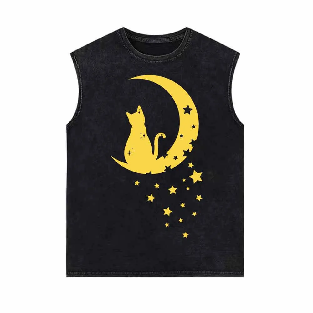 Magical Cat with Moon Star Vintage Washed Vest Top