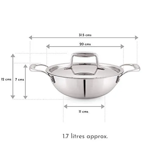 Magnus Triply Stainless Steel Kadai with Stainless Steel Lid,20 cm,1.7 L (Induction and Gas Stove Compatible)