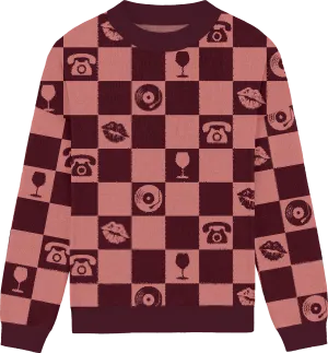 Maroon Checkered Knit Crewneck